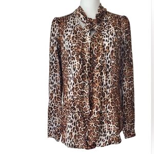 White House Black Market Leopard Print Button Down Long Sleeve Blouse Size 8